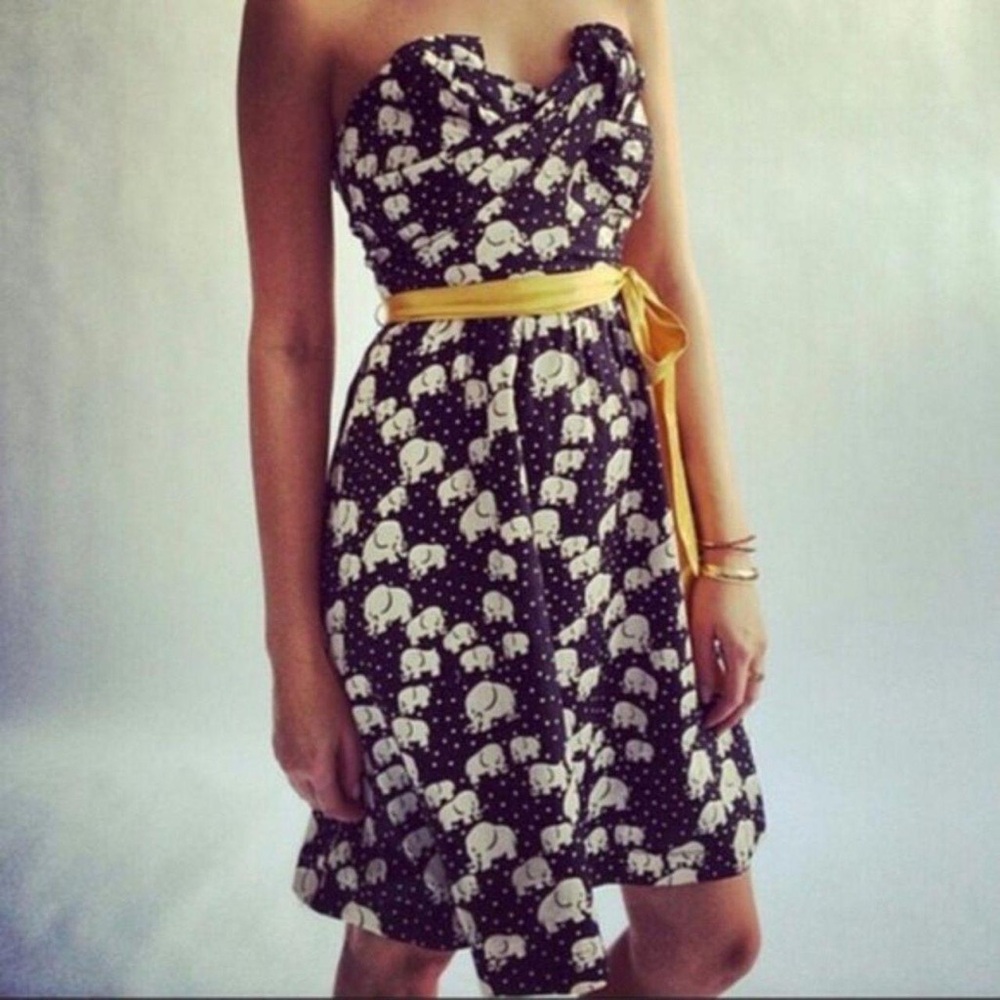 Anthropologie Porridge Strapless Elephant Print Dress Yellow Ribbon Sz 4 2010/11
